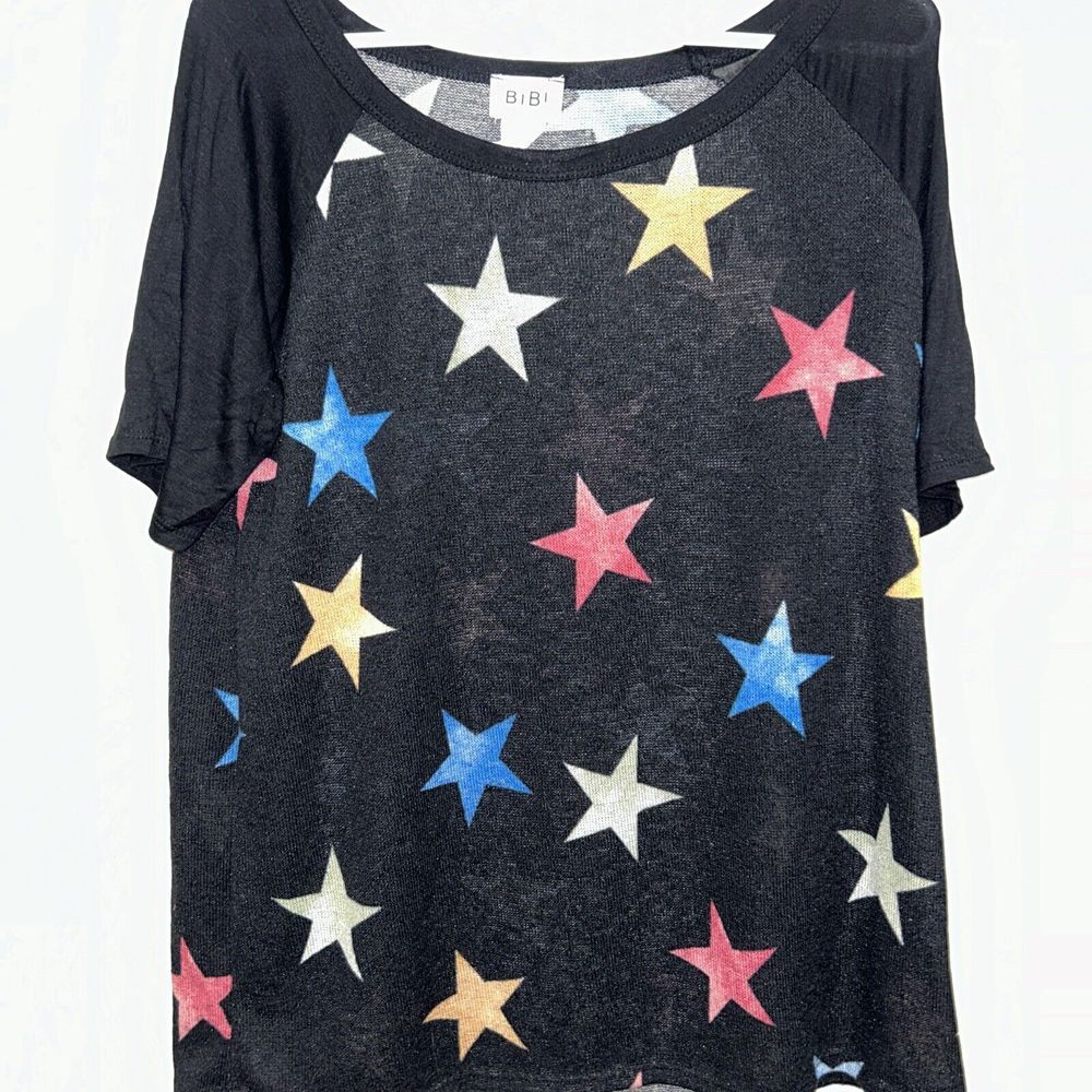 Bibi Star Print Raglan Sleeve Top Black Multi Color BT1096-14 Medium NWT